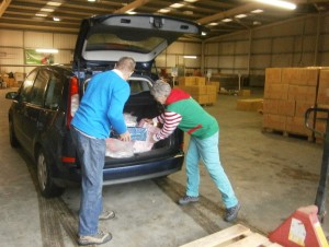 The boxes being unloaded at the warehouse